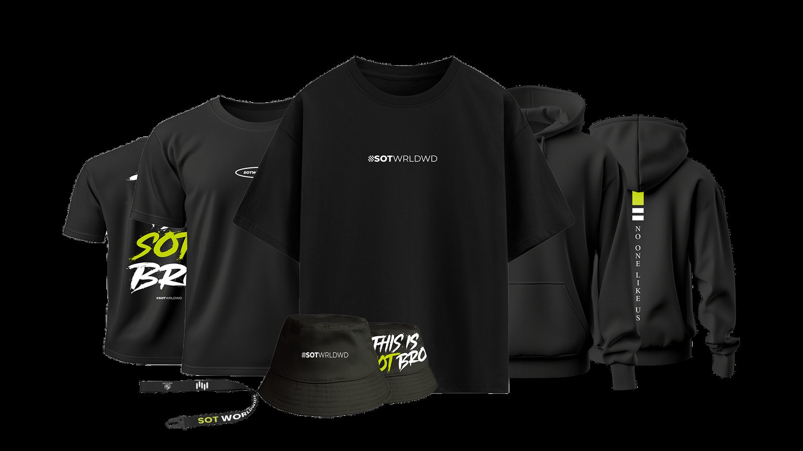 SOT merchandise: tee, hoodie, bucket hat