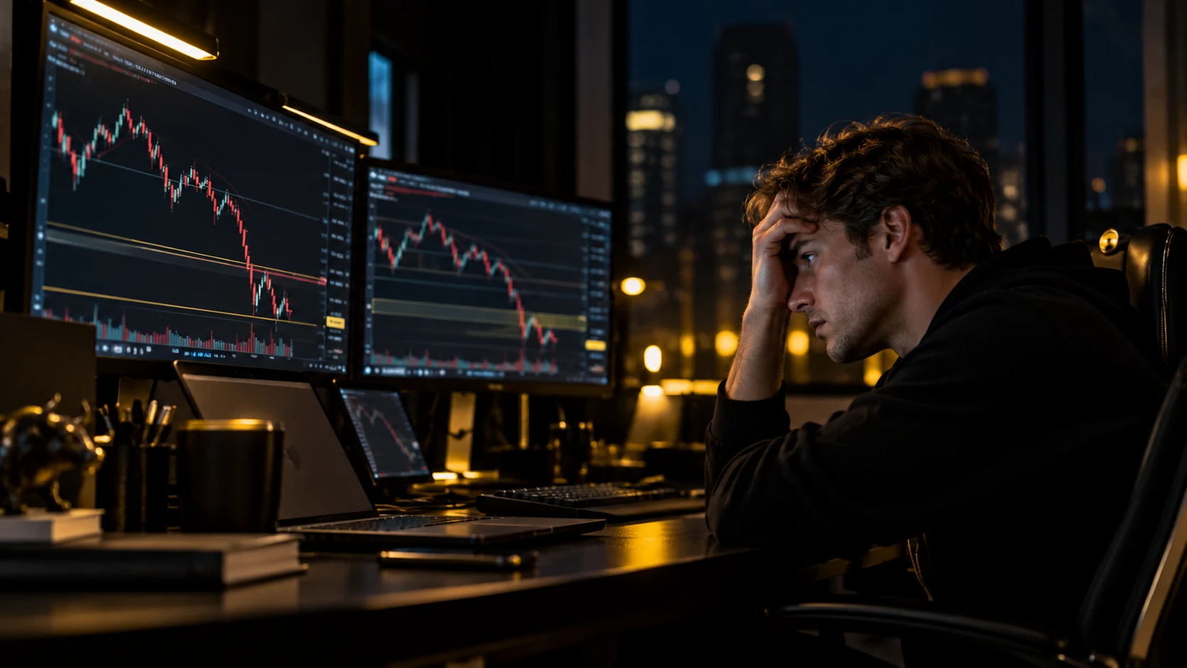 A trader reviewing charts on a multi-monitor setup at night